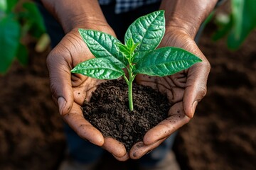Close-up of hands holding a young plant in fertile soil, symbolizing tomorrow&acirc;&euro;&trade;s commitment to reforestation and green practices