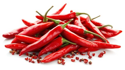 A pile of red chili peppers with red peppercorns on a white background.