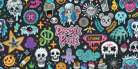 Naklejka premium Colorful doodle parade: vibrant skeletons, symbols, and playful elements on black