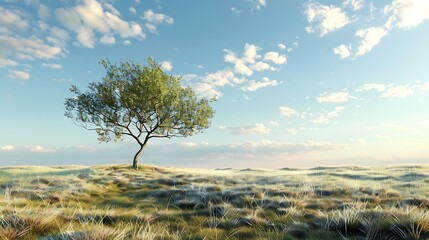 Tree on green meadow and blue sky with white clouds. Nature background