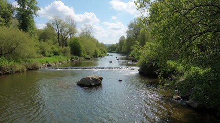 Fototapeta premium A Serene Water Stream in Ano Poroia, Northern Greece Surrounded by Greenery. Generative AI