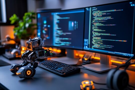 Cyberpunk-inspired hackerspace with neon lights, screens filled with code, and robotic parts glowing in futuristic hues