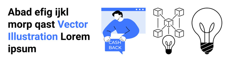Cashback notification in browser, blockchain structure, and light bulb ideas. Ideal for fintech, blockchain, innovation, digital marketing, e-commerce, startup projects, online services. Landing page