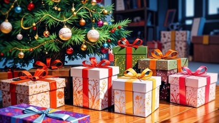 Christmas Tree Surrounded by Gift Packs