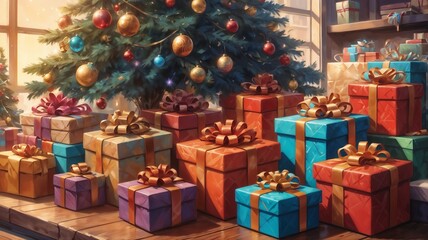 Christmas Tree Surrounded by Gift Packs