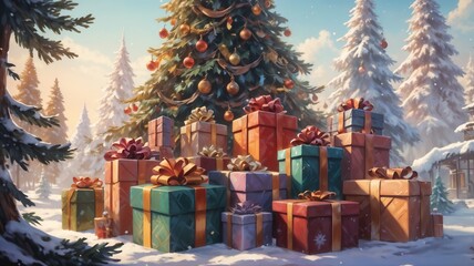 Christmas Tree Surrounded by Gift Packs