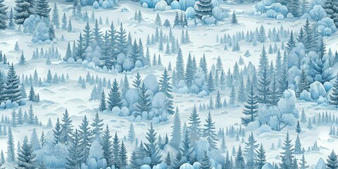 Tranquil winter landscape with snow-covered pine trees and gentle hills in a serene forest