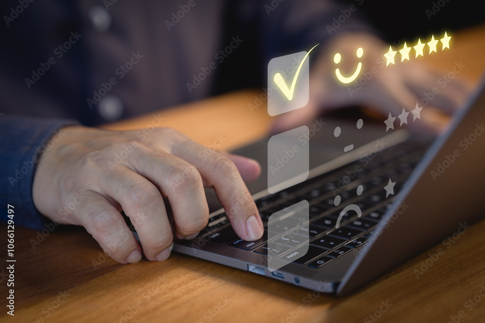 Aufkleber Man select a happy face icon on a feedback scale with neutral and sad face options below. Concept symbolized customer satisfaction, online reviews, decision-making in user experience evaluation.