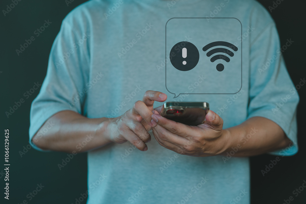 Poster A person interacts with a smartphone, displaying a warning notification symbolizing a Wi-Fi connection issue. The hand gestures emphasize the frustration of poor or lost internet connectivity.