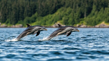 Fototapeta premium Dolphins jumping above the water in a beautiful natural setting.