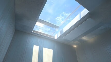 Obraz premium A skylight in a modern interior with a view of a blue sky.