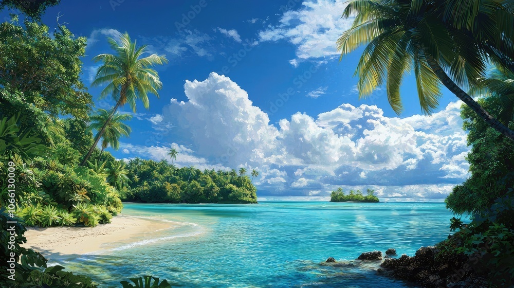 Wall mural tropical beach with clear water and lush green palms under a blue sky.