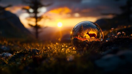 A crystal ball sits on a mossy rock, capturing the silhouette of a deer against a stunning sunset in the mountains.