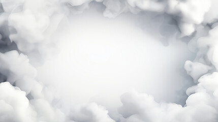 Soft cloudy frame with light gray and white billowing clouds on a bright background. Border, postcard, banner, card. Empty copy space for design.  