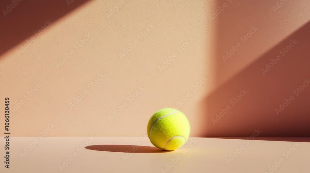 Poster bright yellow tennis ball standing on a peach colored surface, casting a distinct shadow under drama