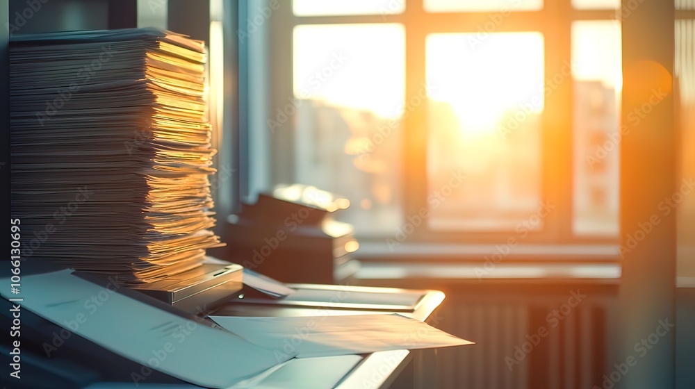 Poster a stack of papers on a desk with a window in the background. the sun is setting outside the window, 
