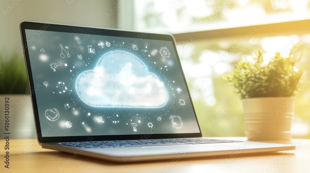 Poster Laptop Displaying a Glowing Cloud Computing Icon Surrounded by Digital Symbols