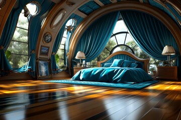 Old-fashioned bedroom with heavy drapes partially open, letting in soft morning light for a somber wake-up call