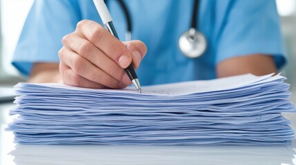 A healthcare professional in scrubs writes notes on a stack of documents, emphasizing the importance of paperwork in medical practice.