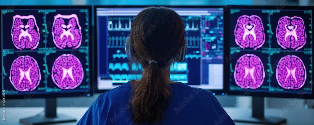 Poster a medical professional analyzes brain scans displayed on multiple monitors, focusing on advanced ima