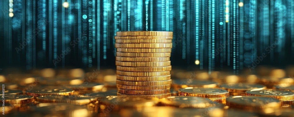 Poster a stack of golden coins surrounded by shimmering gold coins, set against a backdrop of digital binar