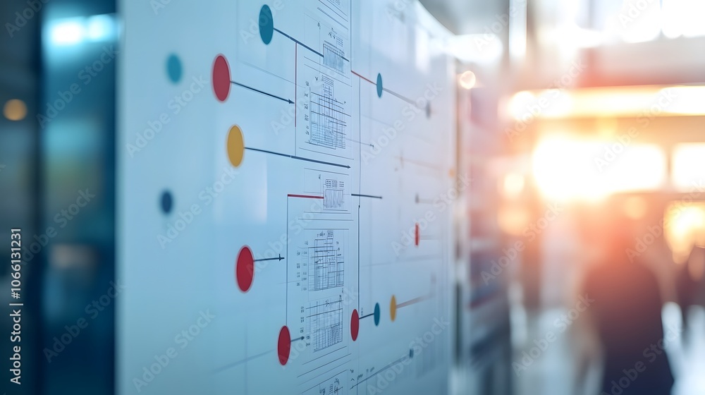 Poster a close-up view of a flowchart on a glass board, illuminated by soft sunlight, ideal for business an