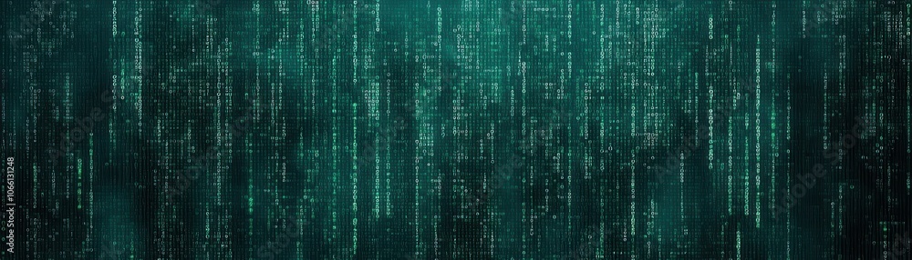 Poster a digital matrix effect featuring cascading green lines, reminiscent of code or data streams, convey