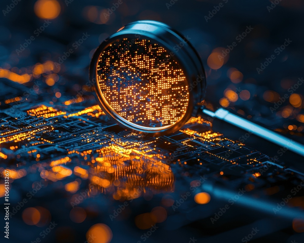Poster a close-up view of a circuit board illuminated by orange lights, with a magnifying glass highlightin