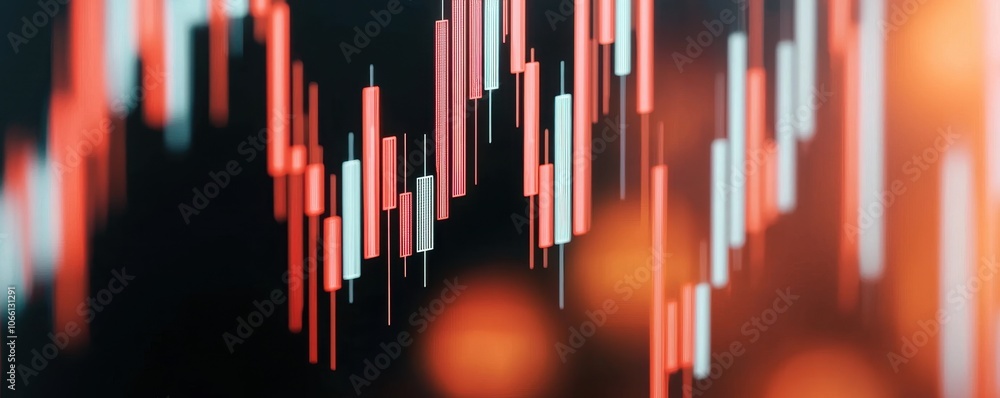 Poster a dynamic financial chart displaying candlestick patterns, indicating market trends with various red
