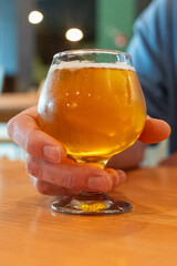 A Caucasian man wearing a blue shirt holds a pale ale beer in a clear tulip-shaped glass on a...