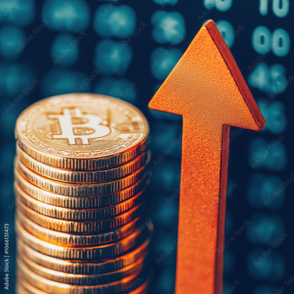 Poster a stack of bitcoin coins with an upward arrow, symbolizing growth and rising value in the cryptocurr