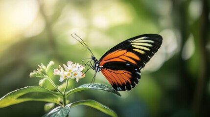 Fototapeta premium A Butterfly Feeding on White Flowers in a Lush Green Forest