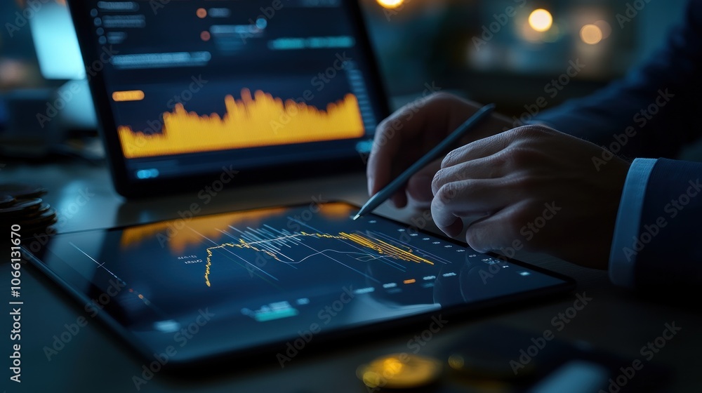 Poster closeup of a hand using a stylus on a tablet with financial charts