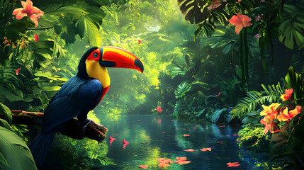 un paisaje de una selva tropical colorida y hermosa paisaje en la naturaleza con clima tropical con un tucan ave silvestre multicolor 