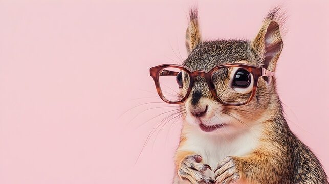 un fondo liso rosa con espacio de copia con una ardilla con lentes curiosa y graciosa con una nuez en sus manos ardilla del campo  inteligente