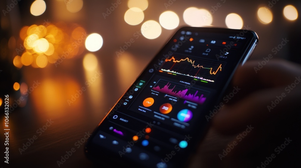Poster Smartphone Displaying Financial Charts and Data in a Dimly Lit Setting