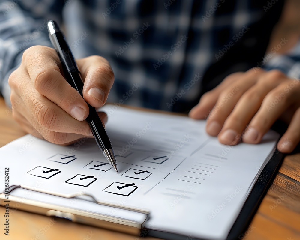 Poster a person marking checkboxes on a checklist while working, symbolizing productivity and task completi