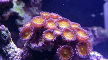 Vibrant coral polyps cluster on a rock in a saltwater reef tank.