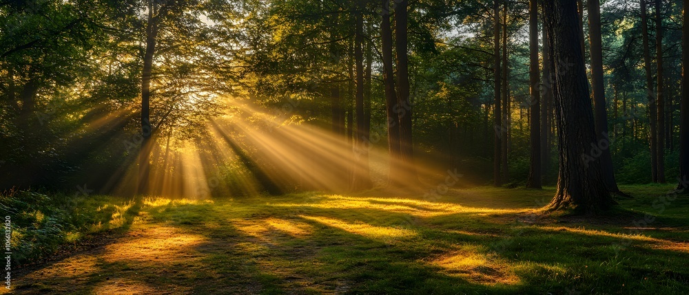 Poster a serene forest scene with sun rays piercing through trees, creating a tranquil and enchanting atmos