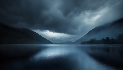 A serene lake under a moody sky, enveloped by dark mountains reflecting twilight hues, evoking tranquility and mystery.