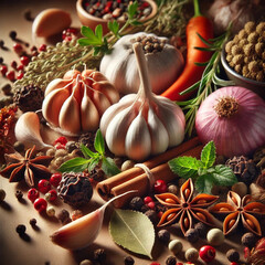 High-Quality Close-Up of Fresh Culinary Ingredients - Cloves, Garlic, Peppercorns, and Herbs