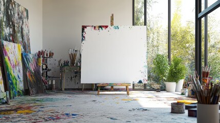 Empty Canvas on Easel in Messy Artist Studio with Natural Light and Colorful Paintings