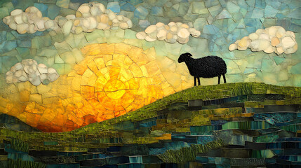 Glass mosaic collage with sheep-like clouds and a black sheep on a steep hill