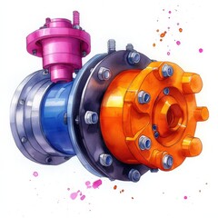 Colorful industrial valve with bolts, white isolate background.