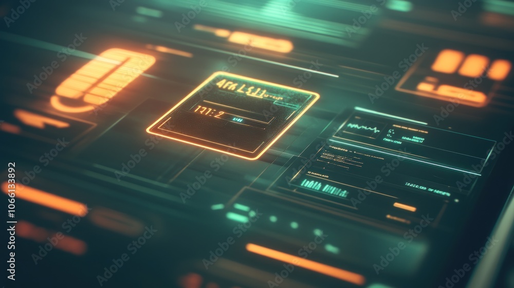 Poster futuristic interface with glowing orange and green elements