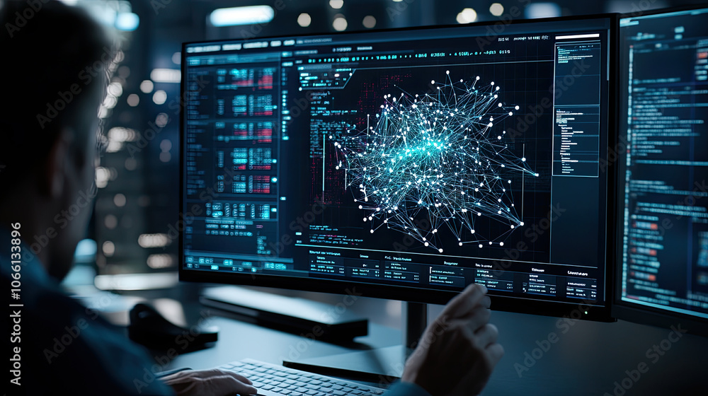 Poster professional analyzing complex data visualizations on large screen in modern office environment, sho