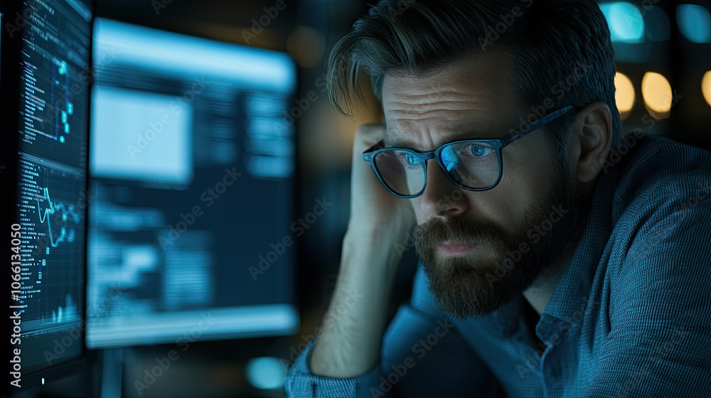 Poster focused man working in busy office environment, analyzing data on multiple screens, showcasing moder