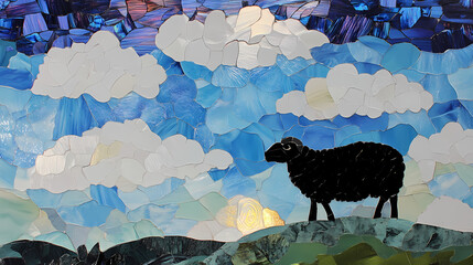 Glass mosaic collage with sheep-like clouds and a black sheep on a steep hill