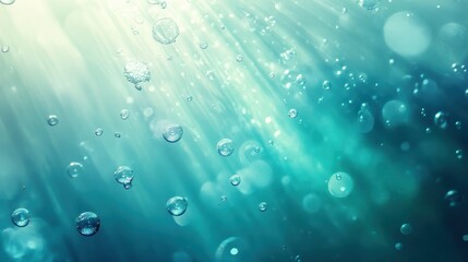 Abstract Teal Water Bubbles and Light Rays Background.