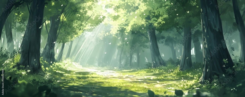 Poster a tranquil forest scene with soft sunlight filtering through lush green trees, creating a serene and